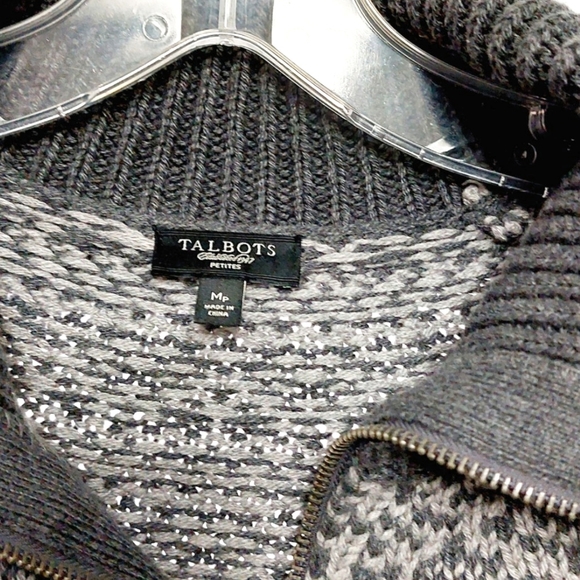 Talbots Womens Petite Wool Blend Gray Fair Isle Full Zip Cardigan Sweater Sz MP - Picture 4 of 7